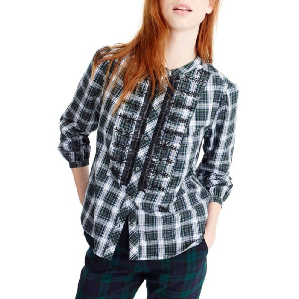 J. CREW Green Forest Tartan Plaid Blouse w/ Beaded Snowflakes